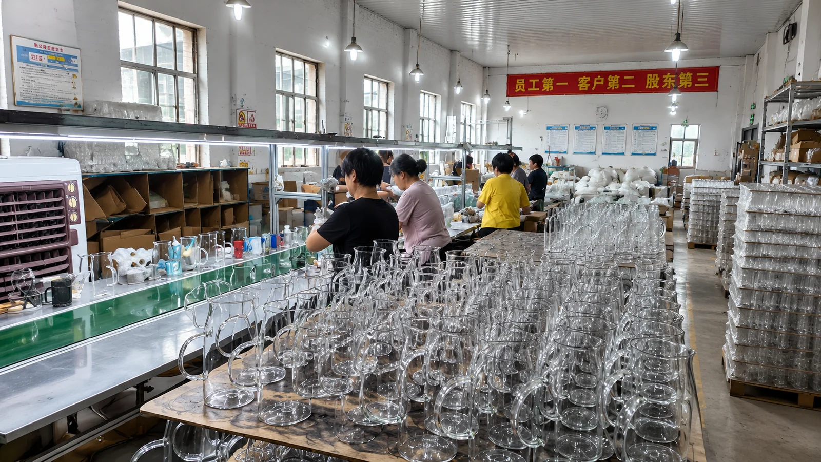 Workers handling clear glass pitchers on the Guangyi Glass workshop line