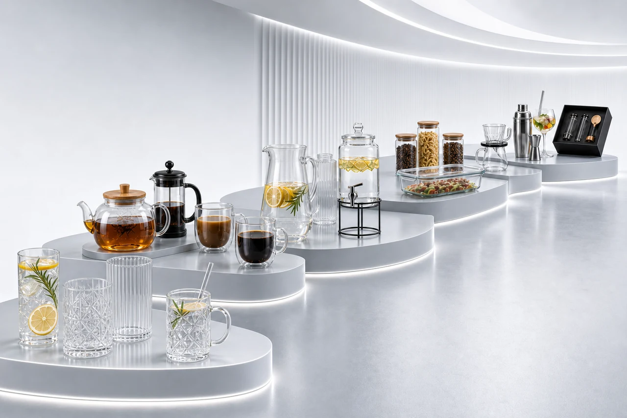 Guangyi Glass drinkware, teaware, pitchers, storage, bakeware and accessories displayed in a luminous product showroom